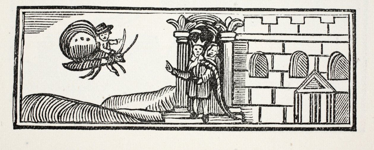 Tom ukrył się i próbował uciec na grzbiecie motyla, ilustracja z książki Chap-books of the Eighteenth Century autorstwa Johna Ashtona, pub. 1882 autorstwa English School
