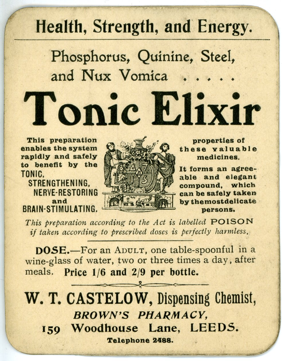 Etykieta Tonic Elixir, wczesna (lito) autorstwa English School