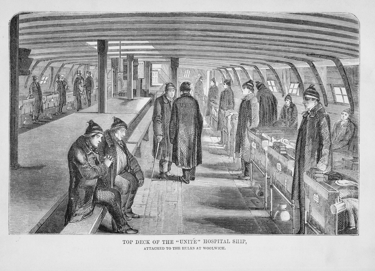 Górny pokład statku szpitalnego Unite dołączonego do Hulków w Woolwich, z The Criminal Prisons of London and Scenes of Prison Life, Henry Mayhew (1812-87) i John Binny, 1862 autorstwa English School