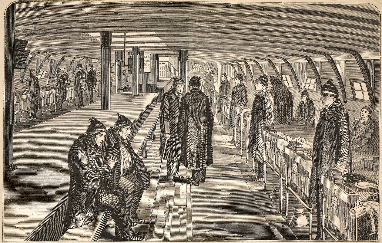 Górny pokład statku szpitalnego Unite, przymocowany do kadłubów w Woolwich, ilustracja z The Criminal Prisons of London i Scenes from Prison Life autorstwa Henry