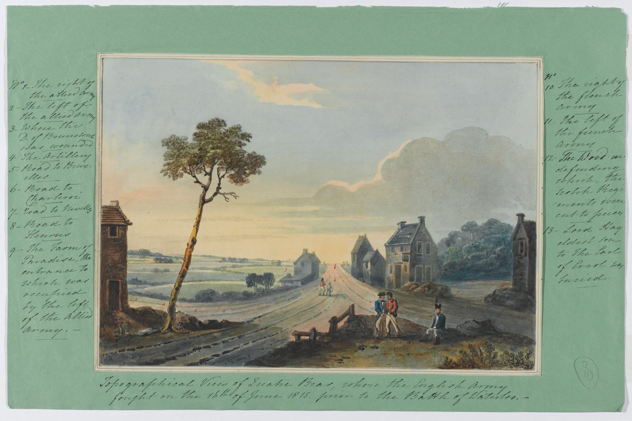 Widok topograficzny Quatre Bras, gdzie armia angielska walczyła 16 czerwca 1815 r. przed bitwą pod Waterloo, ok. 1815 r. (wc na papierze) autorstwa English School