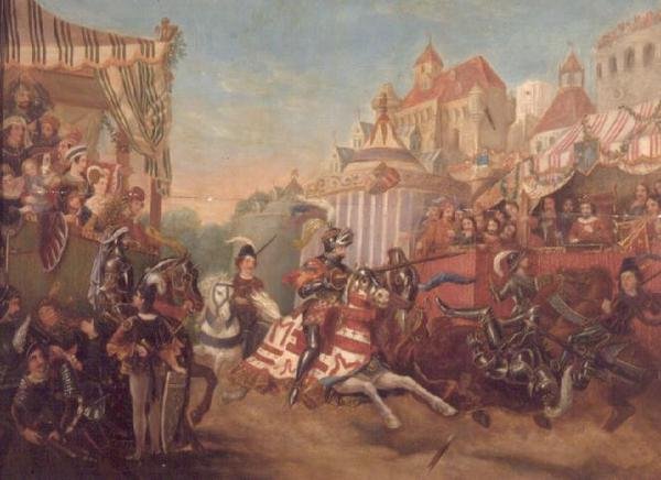 Turniej w Calais w 1416 roku, przedstawiający Richarda, hrabiego Warwick, zrzucającego z konia Collarda Fynesa (panel) autorstwa English School