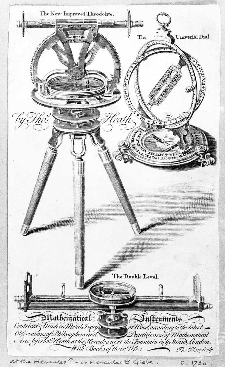 Karta handlowa dla Thomasa Heatha, twórcy instrumentów matematycznych, grafika wykonana przez Thomasa Platta, ok. 1730 autorstwa English School