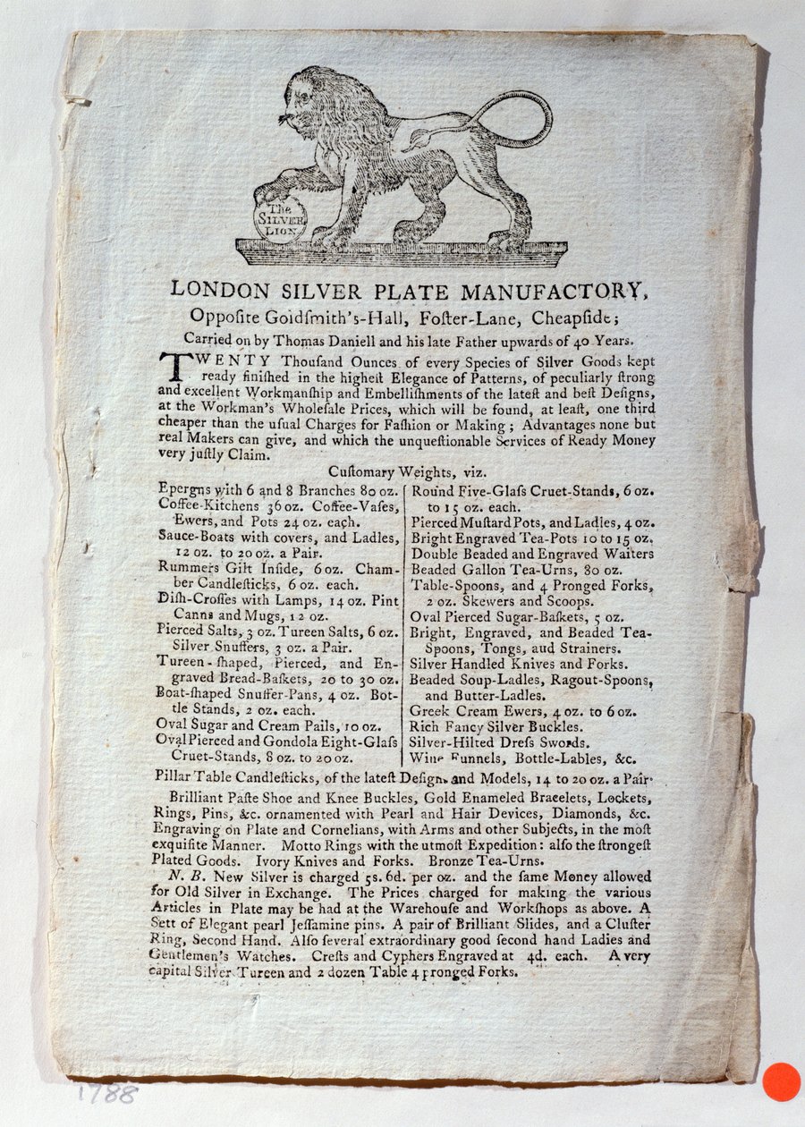 Karta handlowa dla Londyńskiej Manufaktury Srebrnych Talerz, 1788 autorstwa English School