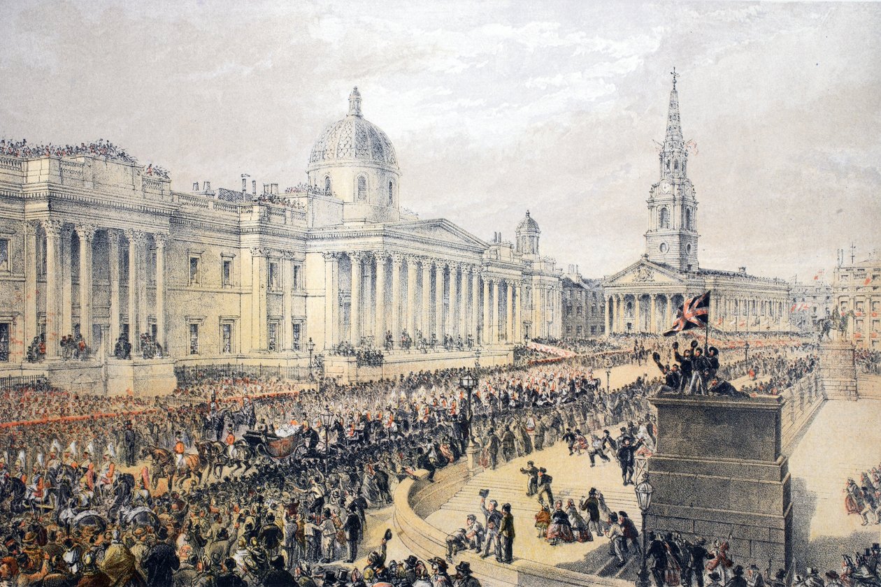 Trafalgar Square, z Pomnika małżeństwa Edwarda VII i Aleksandry z Danii, wyd. 1864 autorstwa English School