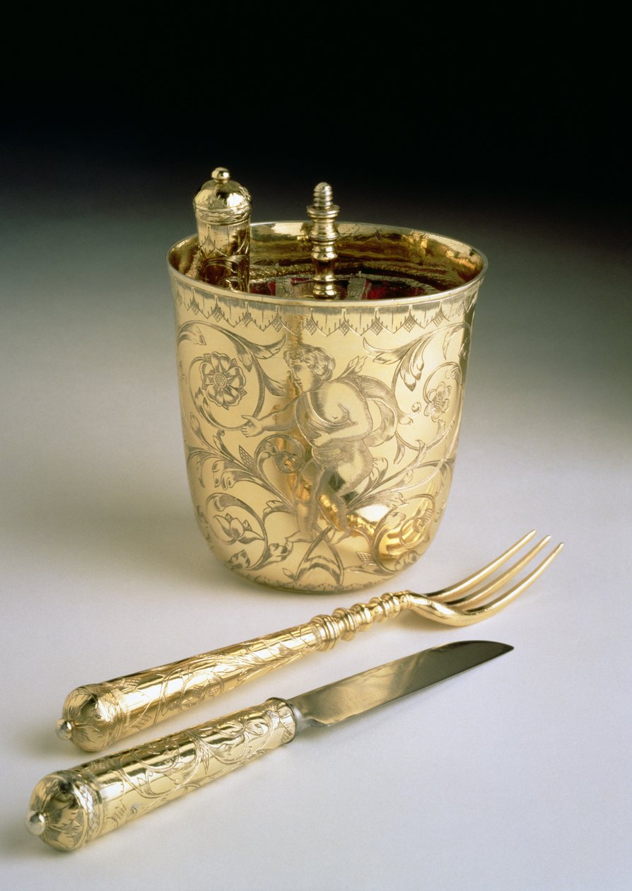Zestaw podróżny składający się z noża, widelca, łyżki i kubka, ok. 1690 (srebrny) autorstwa English School