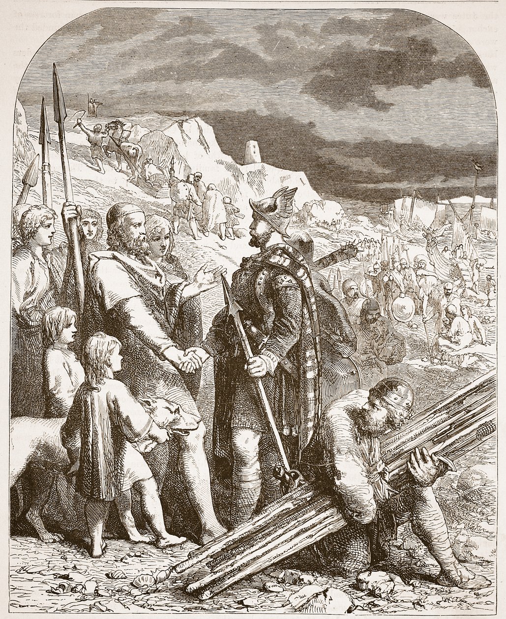 Traktat Hengist i Horsa z Vortigernem, ilustracja z Ilustrowanej Historii Anglii Cassella (zdjęcie w sepii) autorstwa English School
