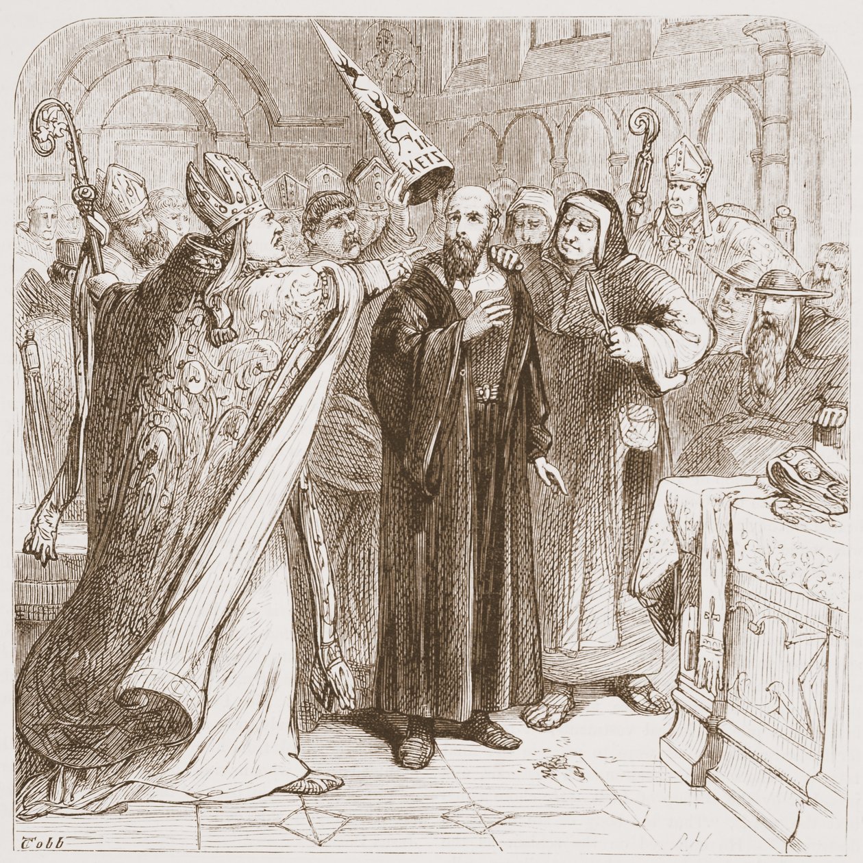 Trial of Huss: Degrading the Martyr, ilustracja z Historii protestantyzmu Jamesa Aitkena Wylie (1808-1890), wyd. 1878 autorstwa English School