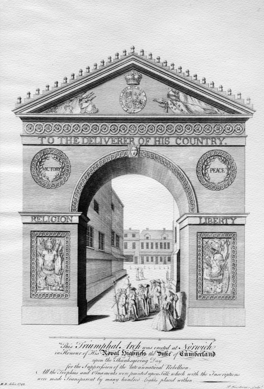 Łuk Triumfalny wzniesiony w Norwich na cześć księcia Cumberland, rytowany przez Paula Fourdriniera, 1746 autorstwa English School