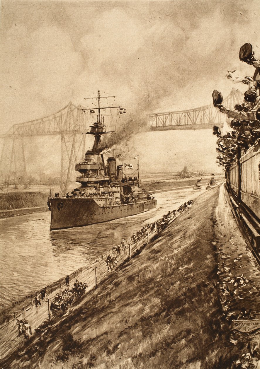 Triumfalny dowód dominacji brytyjskiej marynarki wojennej: H.M.S Hercules przechodzący przez Kanał Kiloński, 1914-19 autorstwa English School