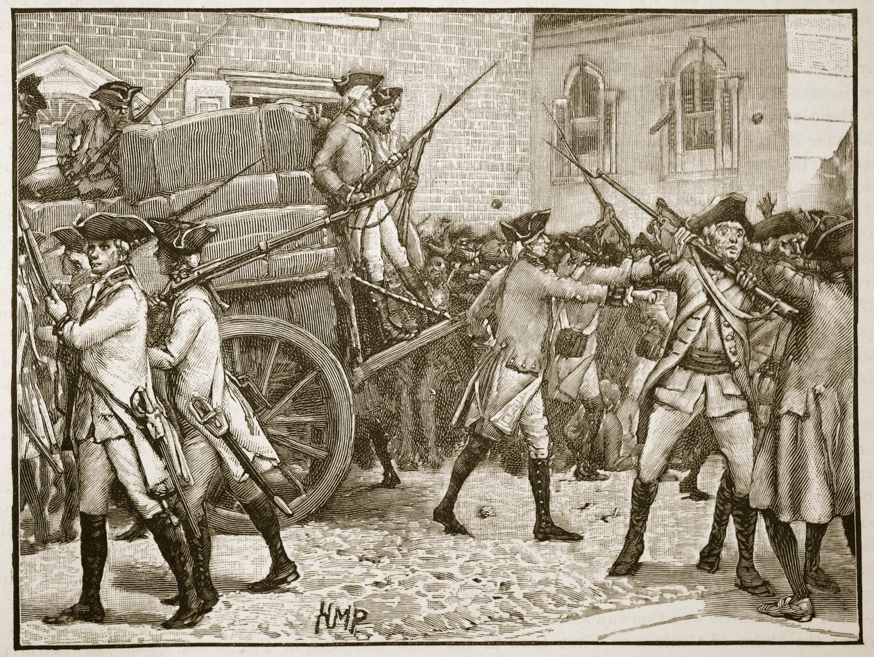 Żołnierze eskortujący ostemplowany papier do ratusza, Nowy Jork, 1766, ilustracja z Cassells Illustrated History of England (zdjęcie w sepii) autorstwa English School