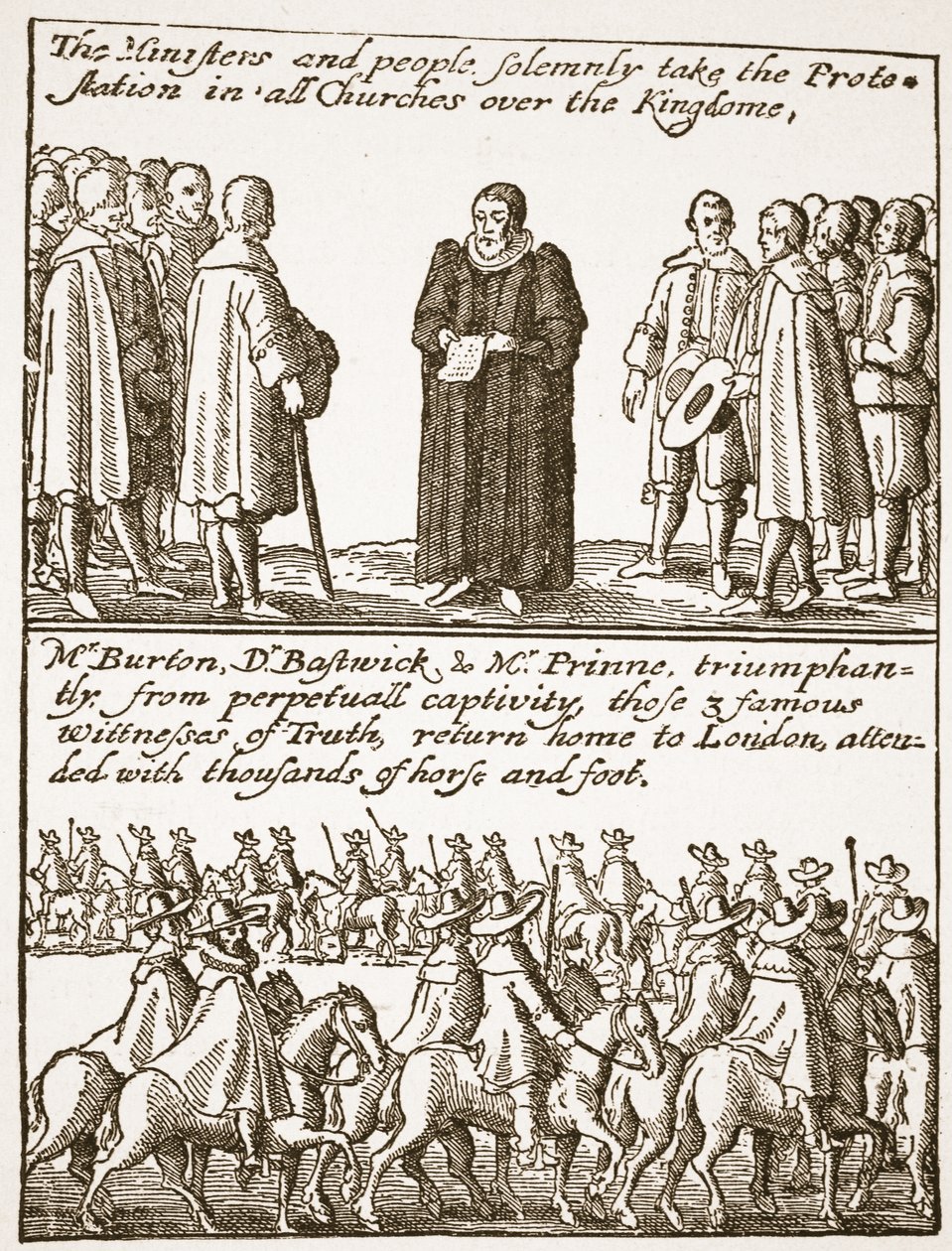 Prawdziwe informacje na temat początku i przyczyny wszystkich naszych kłopotów: jak się wykluły i jak zapobiegły, z broszury purytańskiej, 1648, ilustracja z The Church of England: A History for the People autorstwa H.D. autorstwa English School
