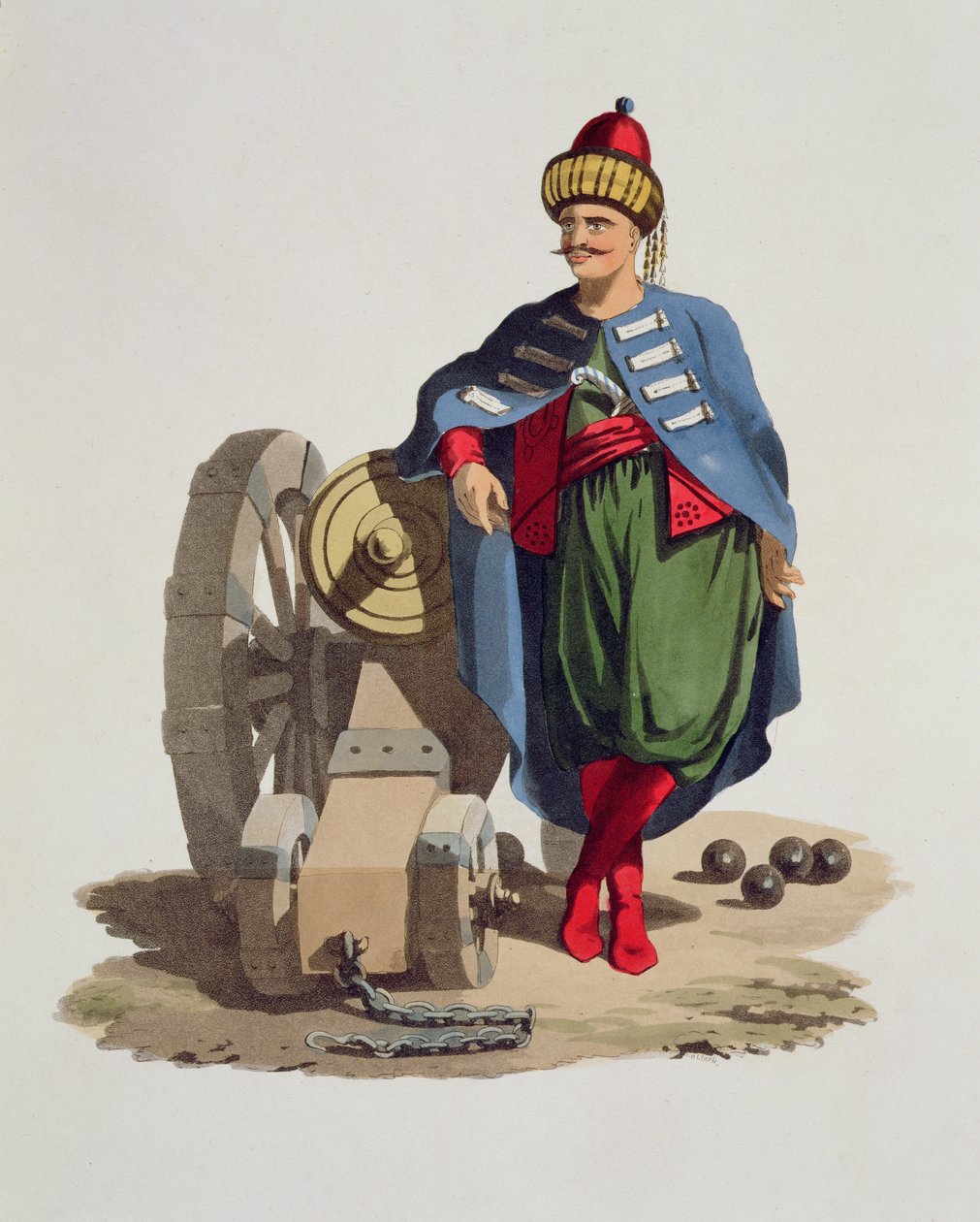 Turecki żołnierz, z Stroje różnych narodów, tom VII, Strój wojskowy Turcji, Thomas MacLean, wydana ok. 1800-18 (akwatinta ręcznie kolorowana) autorstwa English School