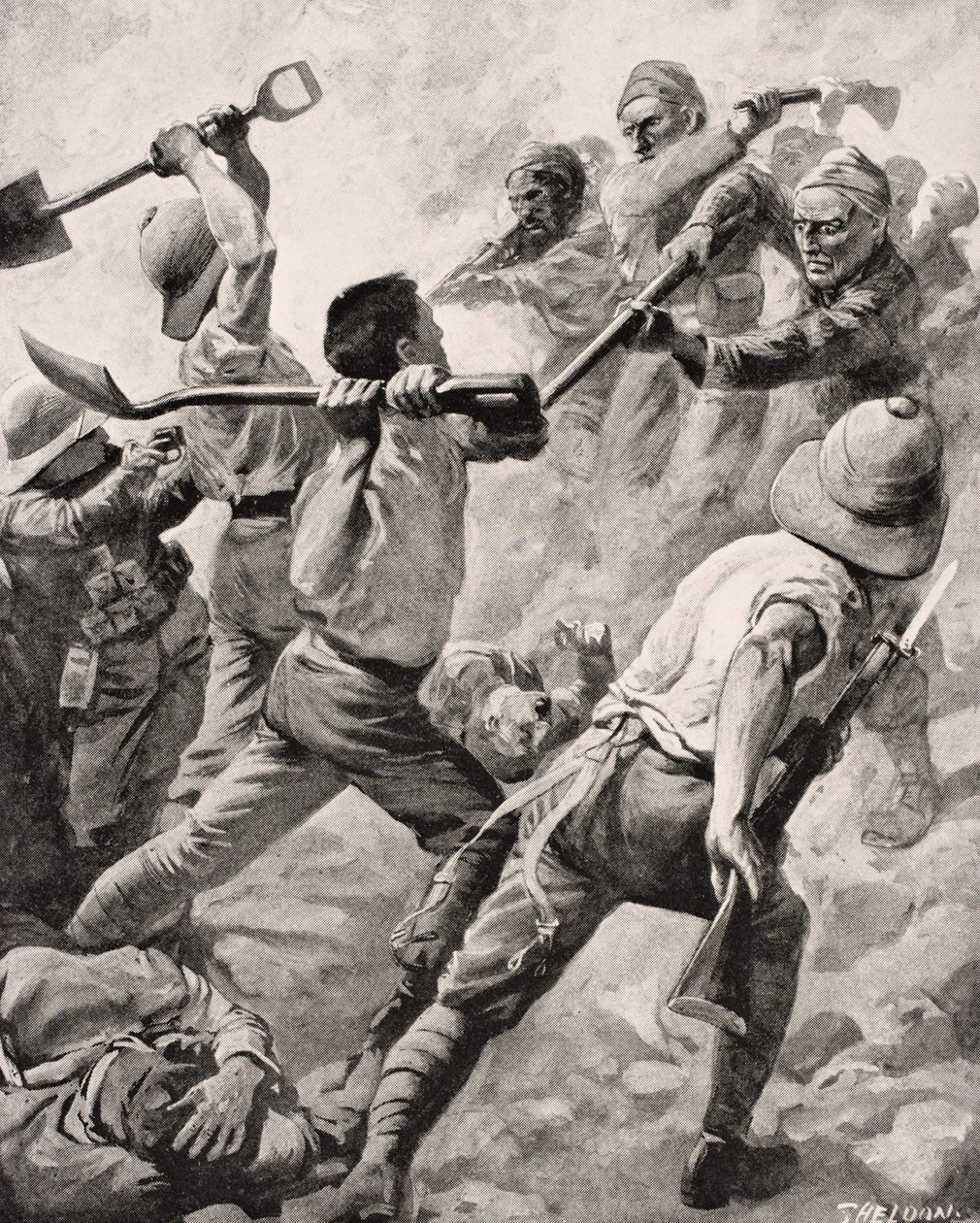 Tureccy i brytyjscy żołnierze w walce wręcz na Półwyspie Gallipoli Turcja 1915, z „The War Illustrated Album deLuxe”, opublikowanej w Londynie, 1916 autorstwa English School