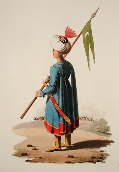 Żołnierz turecki, z „Stroje różnych narodów”, tom VII, „Strój wojskowy Turcji”, Thomas MacLean, ok. 1800-18 (akwatinta ręcznie kolorowana) autorstwa English School