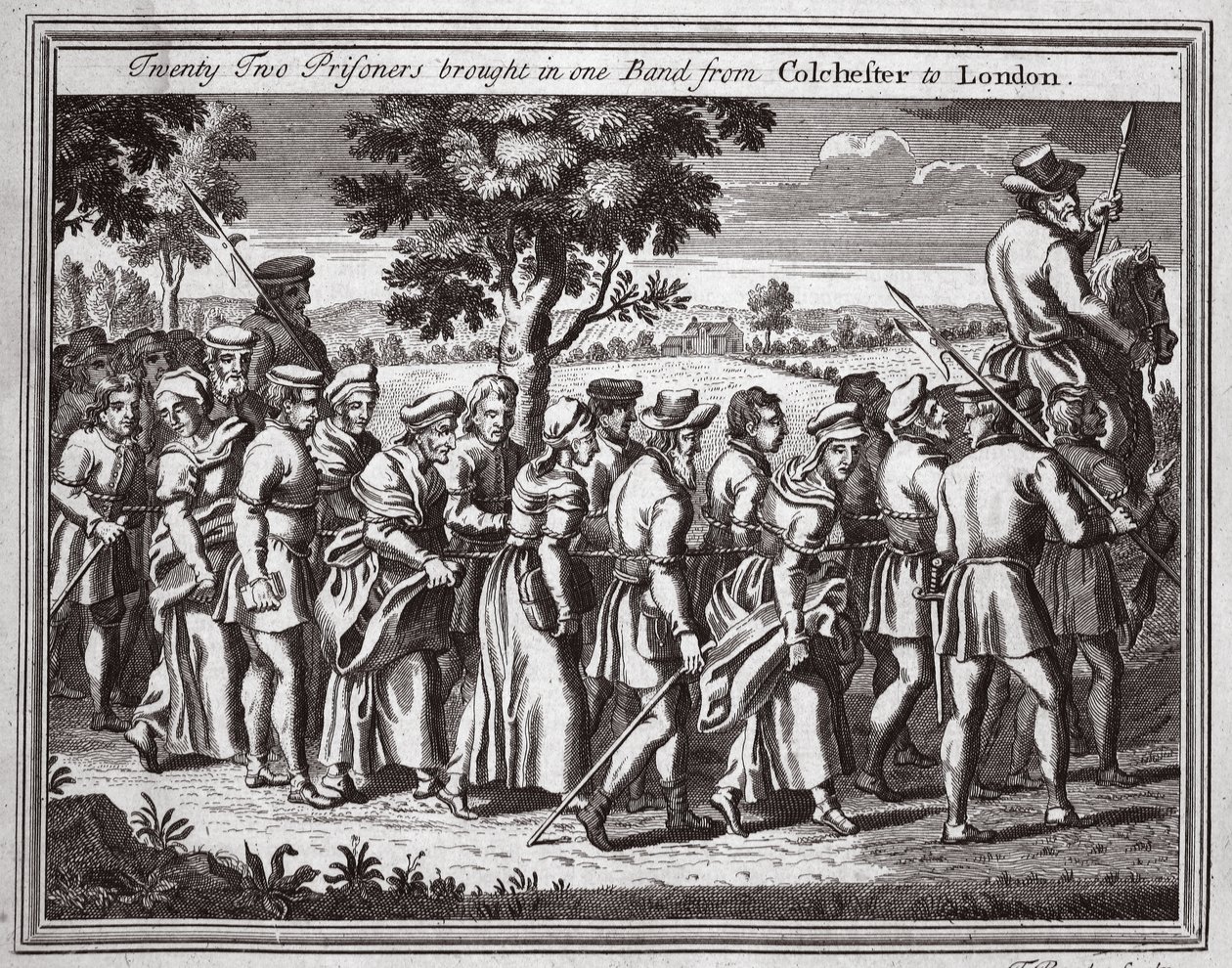 Dwudziestu dwóch więźniów przywiezionych w jednym zespole z Colchester do Londynu, ilustracja z Foxes Martyrs ok. 1703 r. autorstwa English School