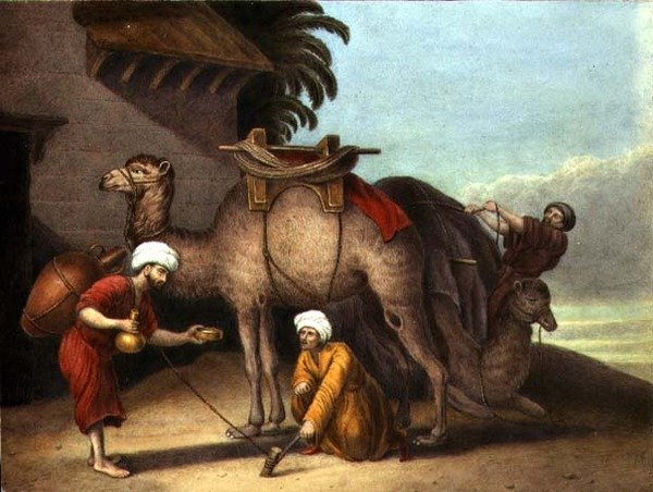 Dwa wielbłądy ze sługami, ok. 1825 (akwarela na papierze) autorstwa English School