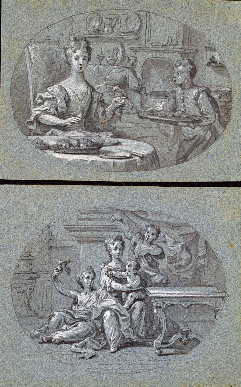 Dwie sceny domowe, ok. 1725 (czarno-biała kreda na niebieskim papierze) autorstwa English School