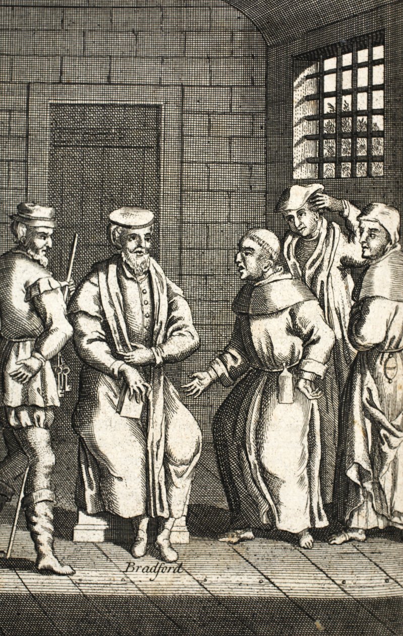 Dwóch hiszpańskich braci rozmawiających z panem Bradfordem, ilustracja z Foxes Martyrs c.1703 99:Foxes Book of męczenników; Johna Foxa; c17; Lisy; autorstwa English School