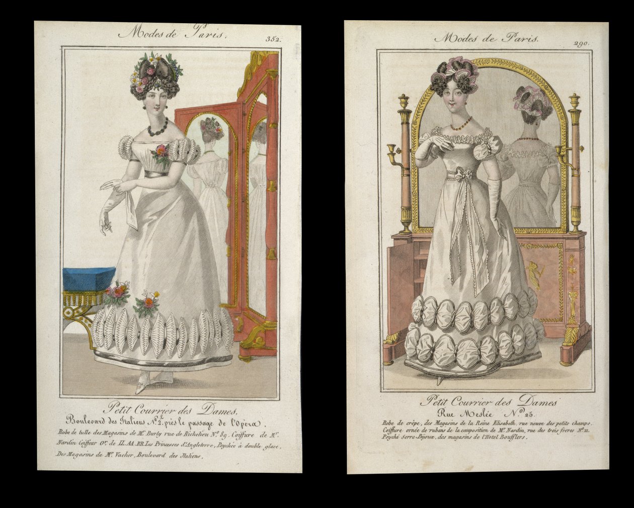 Dwie tabliczki z modą dam w strojach wieczorowych, reklamy z Modes de Paris, ok. 1825 r. autorstwa English School