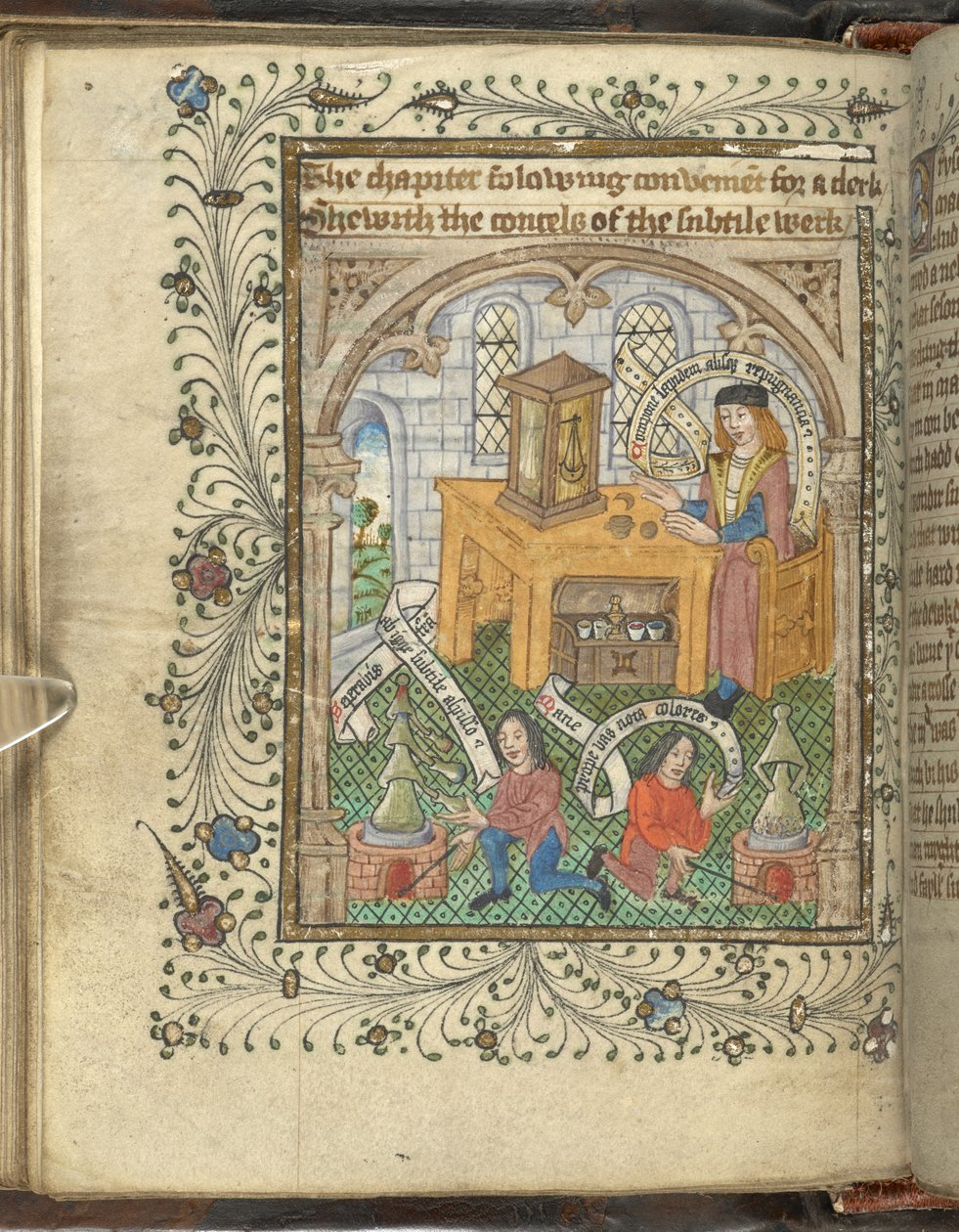 Dwóch mężczyzn zajmujących się piecami i uczony w szacie, być może Norton, z alembikami, z „Ordinal of Alchemy” Thomasa Nortona (wellum) autorstwa English School