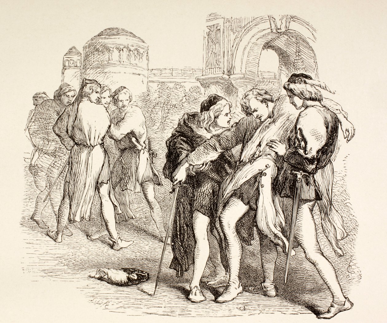 Tybalt zostaje śmiertelnie ranny przez Romea, ilustracja z Romea i Julii, z „The Illustrated Library Shakespeare”, wydanej w Londynie 1890 autorstwa English School