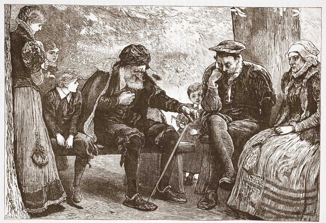 Pod lipami, ilustracja z Historii protestantyzmu Jamesa Aitkena Wylie (1808-1890), wyd. 1878 autorstwa English School