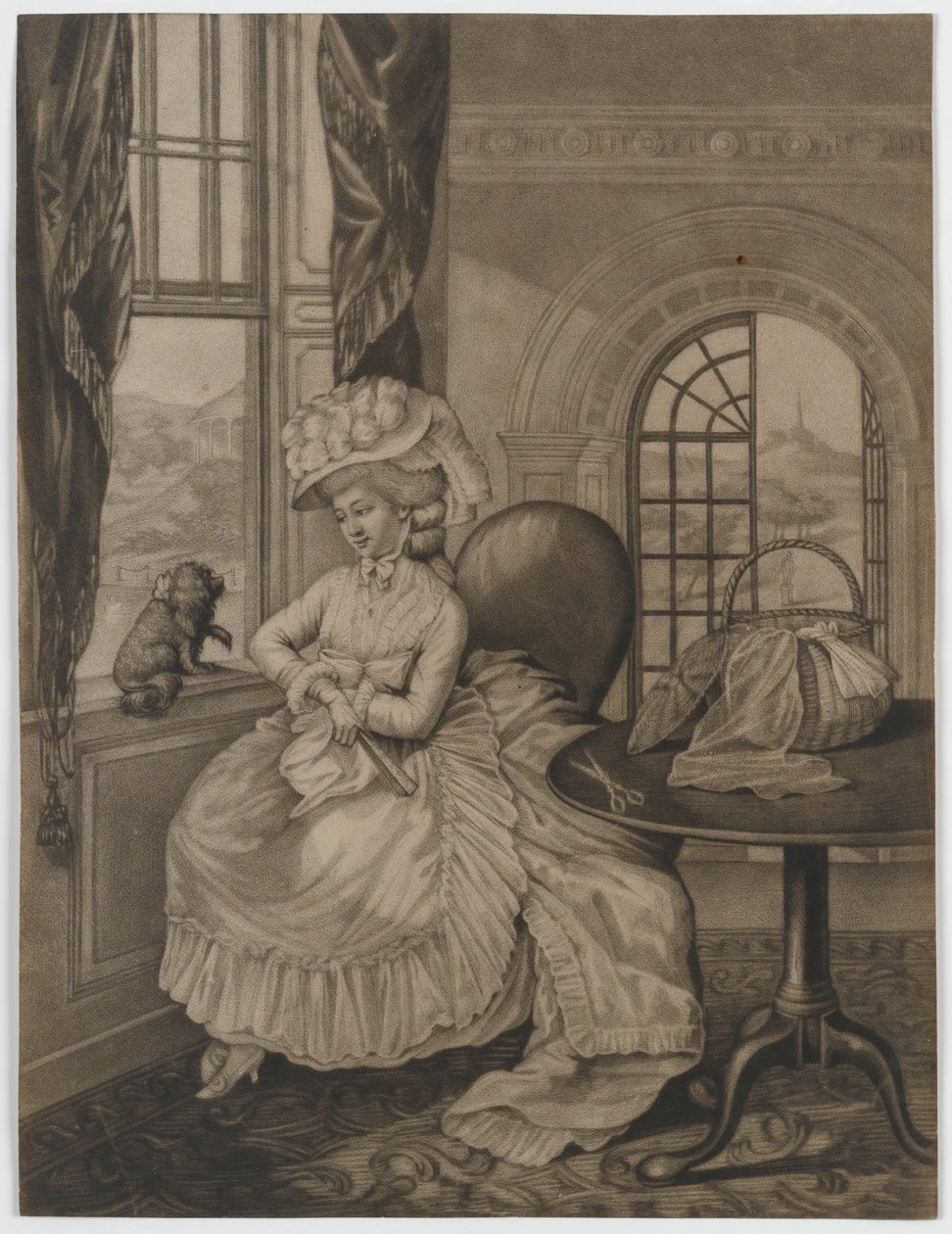 Bez tytułu (kobieta siedząca w oknie z małym pieskiem), ok. 1780 (mezzotinta) autorstwa English School