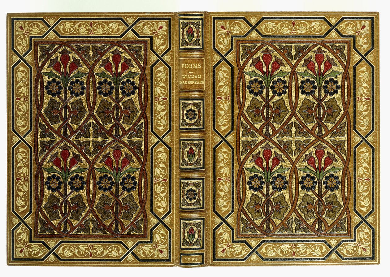 Górna i dolna okładka, z kwiatami w secesyjnym przeplecionym geometrycznym wzorze, 1893 autorstwa English School