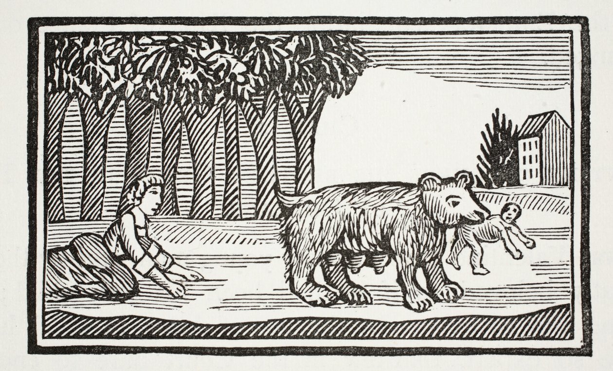 Valentine i Orson, ilustracja z książki rozdziałów XVIII wieku autorstwa Johna Ashtona, wyd. 1882 autorstwa English School