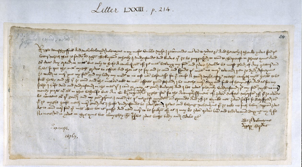 Walentynkowy list od Margery Brews do Johna Pastona III, luty 1477 (pióro i atrament na papierze) autorstwa English School