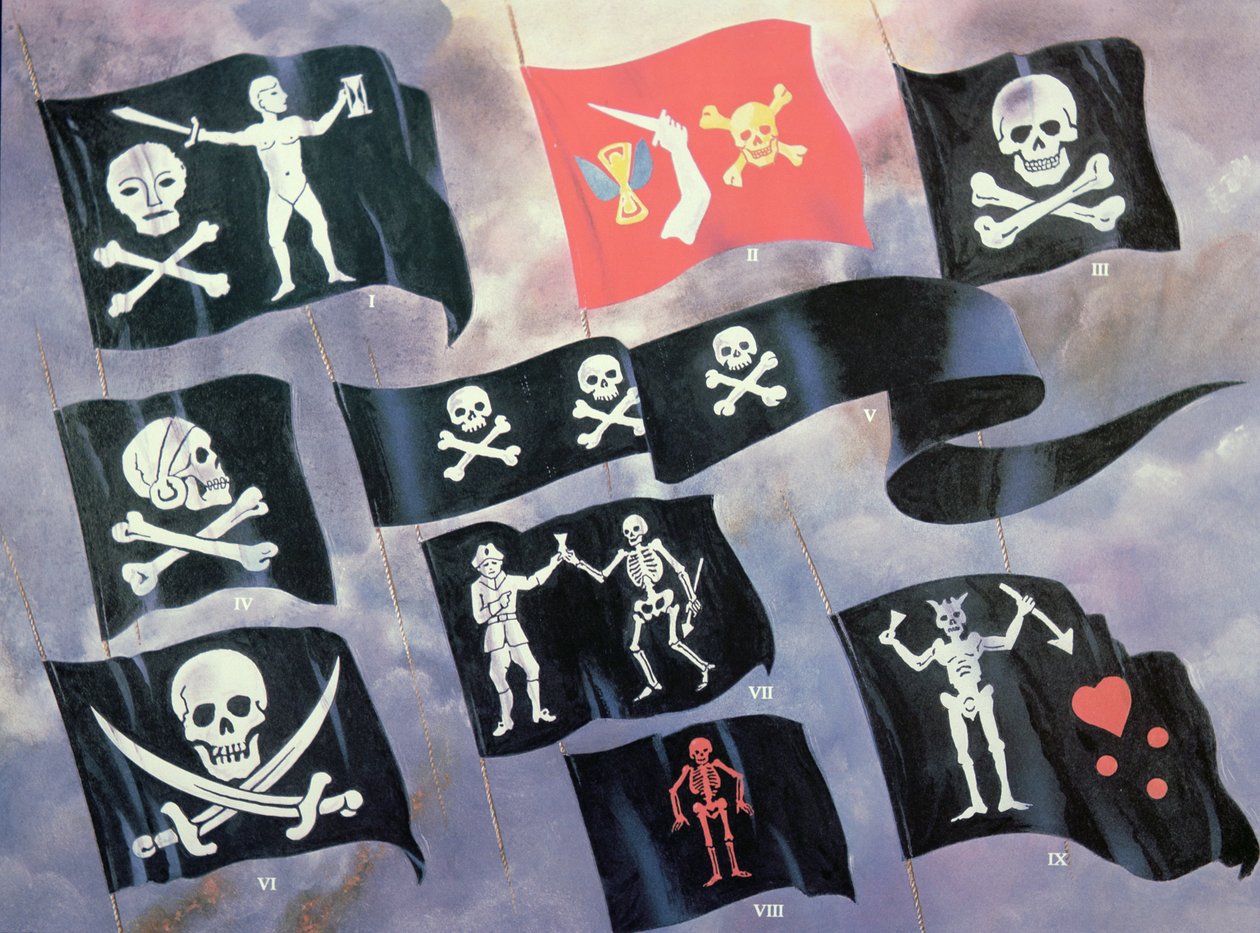 Różne flagi używane przez słynnych piratów (kolor lito) autorstwa English School