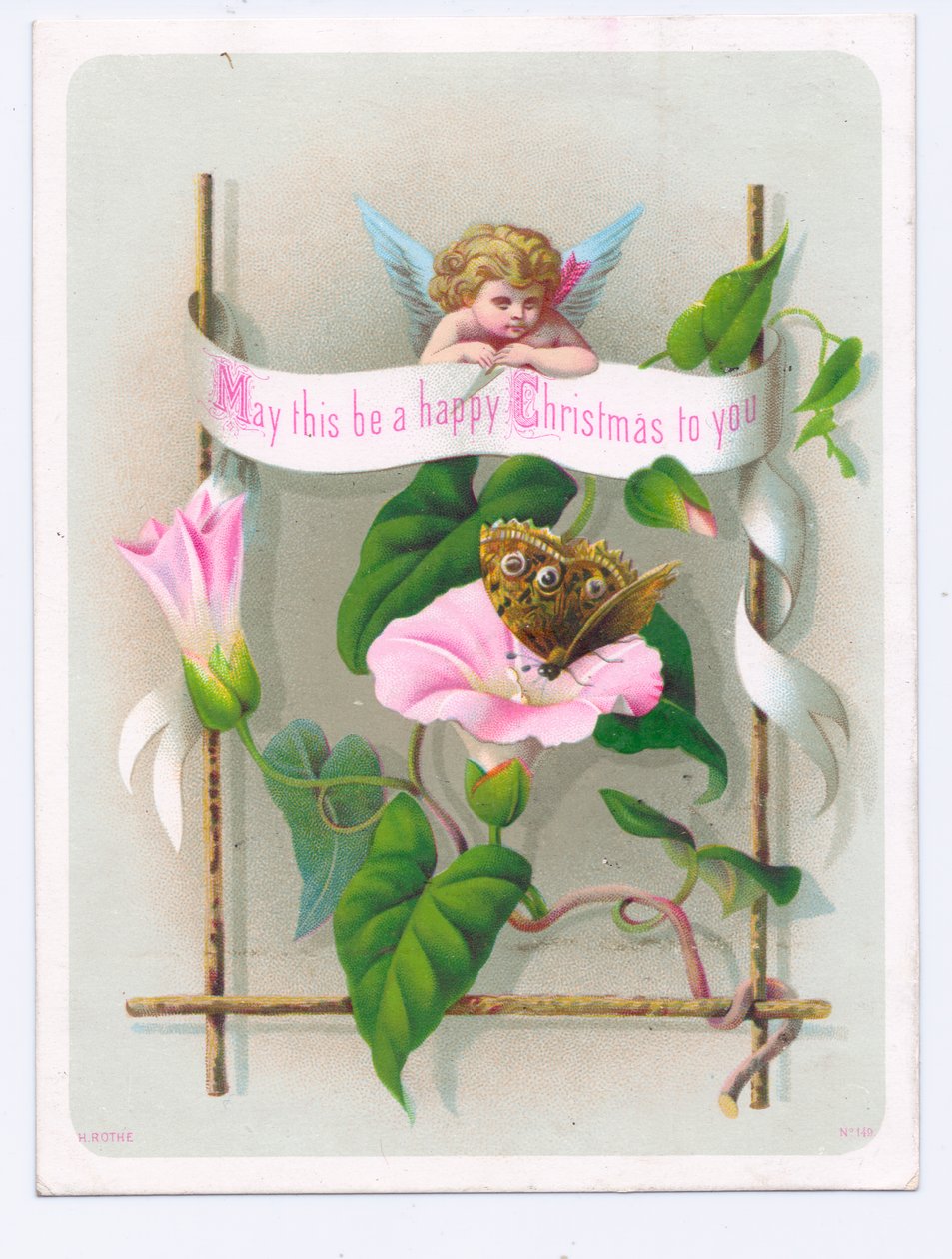 Wiktoriańska kartka świąteczna przedstawiająca amorka wpatrującego się w motyla na różowym kwiatku, ok. 1880 r. (kolorowa litografia) autorstwa English School
