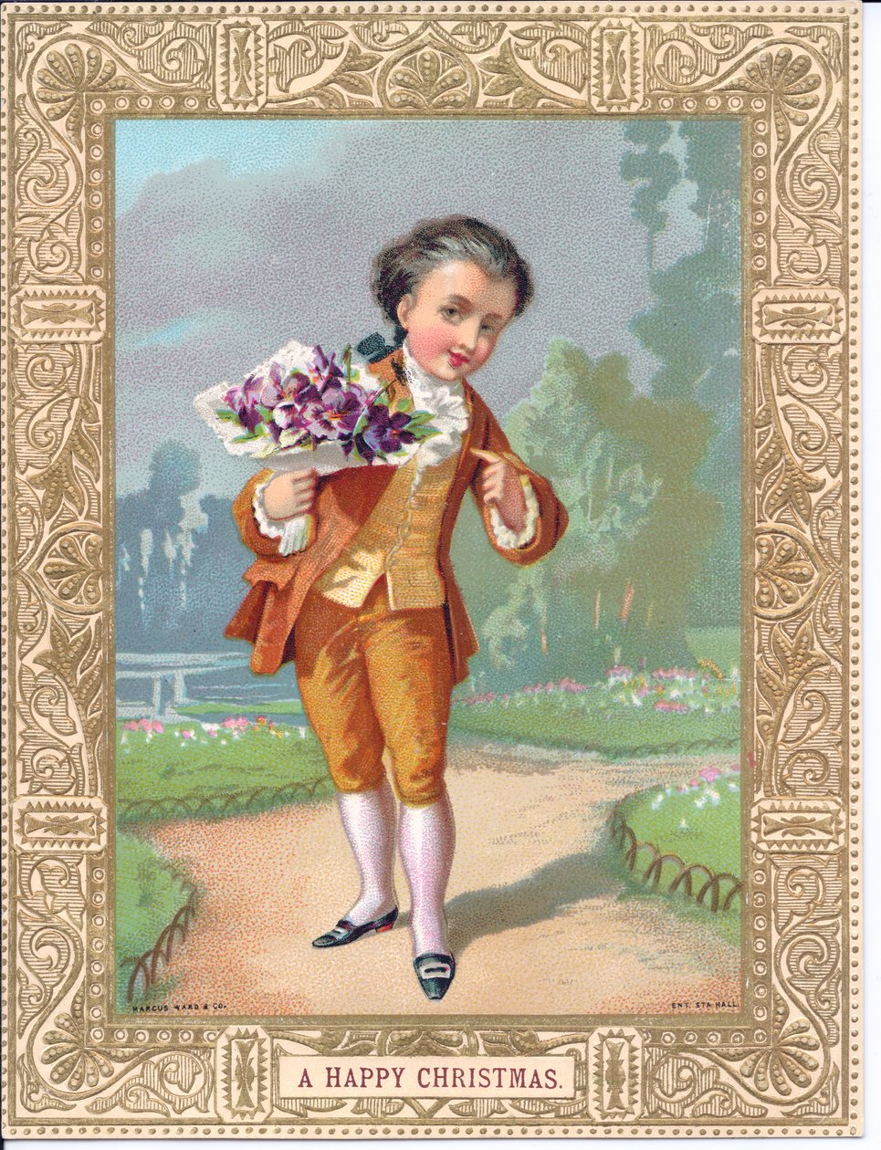 Wiktoriańska kartka bożonarodzeniowa przedstawiająca chłopca ubranego w wiktoriańskie stroje, trzymającego bukiet kwiatów, ok. 1880 r. (kolor litho) autorstwa English School