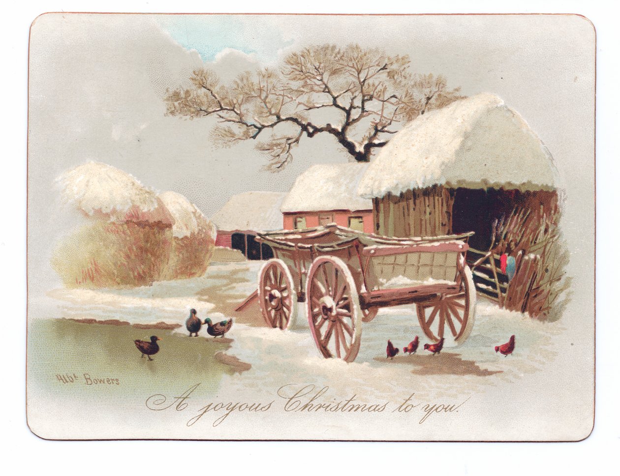 Wiktoriańska kartka świąteczna przedstawiająca kaczki i kurczaka w pobliżu stawu na podwórku, ok. 1880 r. (kolor lito) autorstwa English School