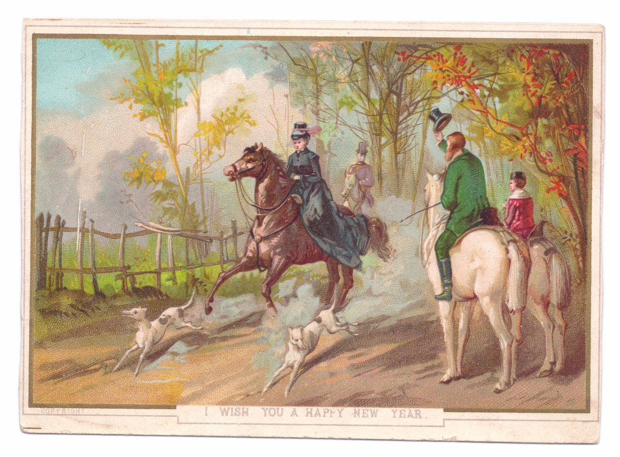 Wiktoriańska kartka noworoczna przedstawiająca kobietę na koniu z dwoma psami gończymi witaną przez inną parę, ok. 1880 r. (kolorowa litografia) autorstwa English School