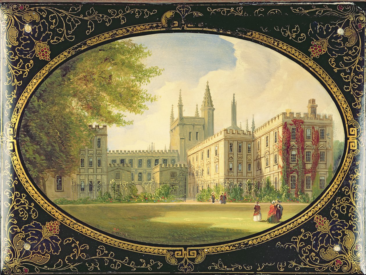 Wiktoriański blotter ozdobiony sceną Garden Quad of New College w Oksfordzie (papier mache) autorstwa English School
