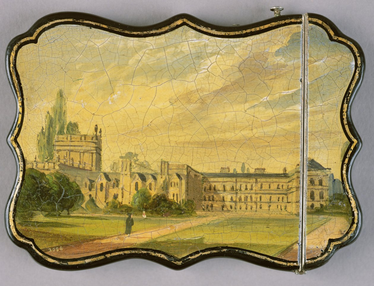 Wiktoriański kartonik ze sceną Trinity College Gardens, Oxford (papier mache) autorstwa English School