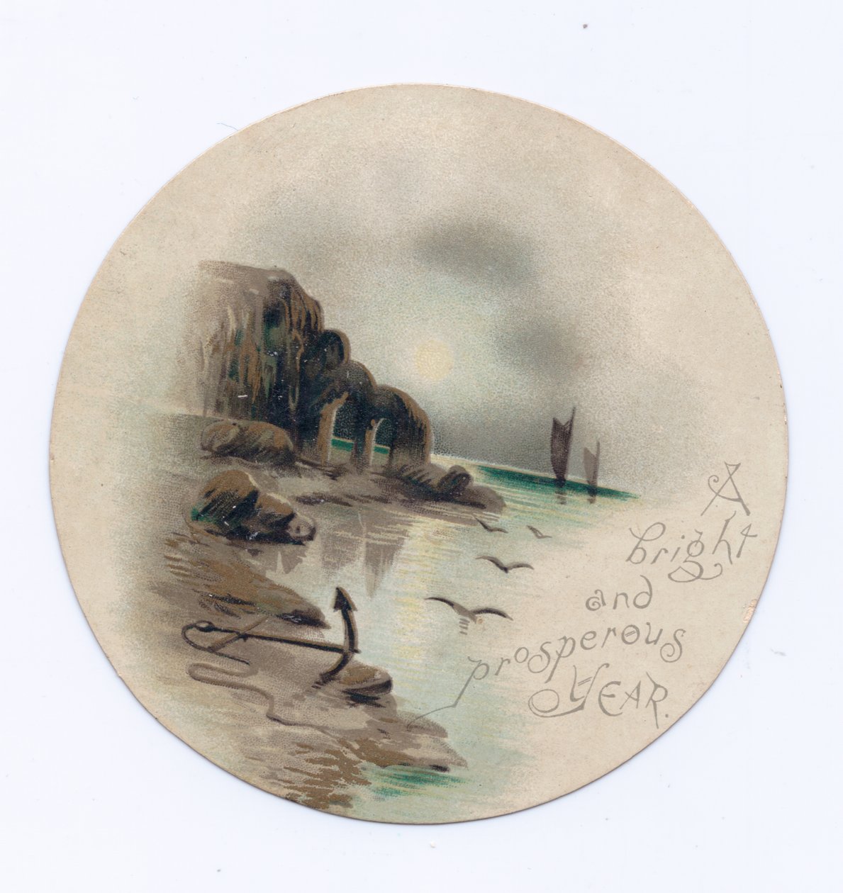 Wiktoriańska okrągła kartka noworoczna przedstawiająca pejzaż morski z dwoma jachtami w księżycową noc, ok. 1880 r. (kolor lito) autorstwa English School