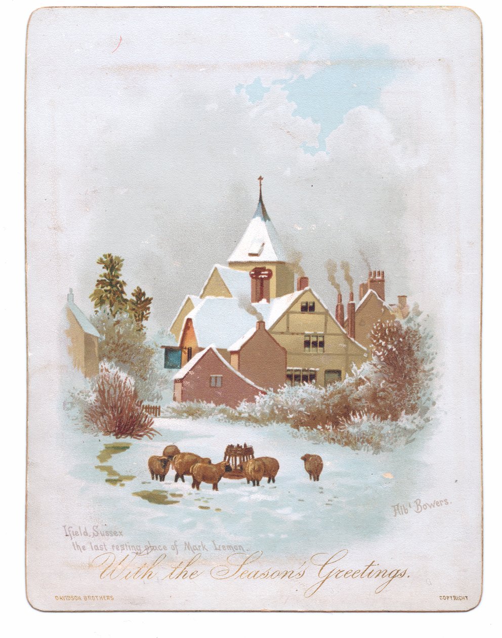 Wiktoriańska kartka z życzeniami przedstawiająca owce wędrujące w pobliżu kościoła w śniegu, ok. 1880 r. (kolor lito) autorstwa English School