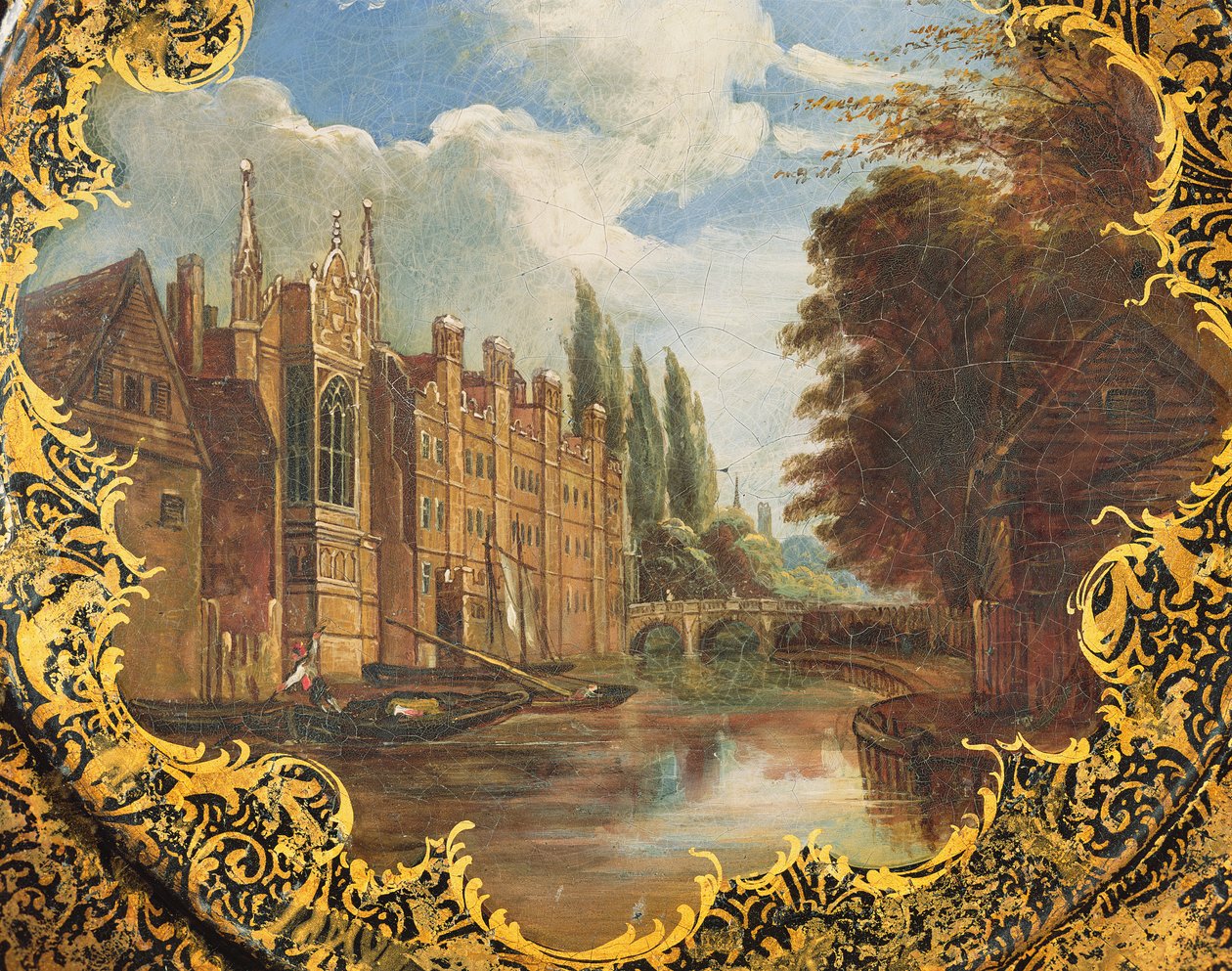 Wiktoriańska tablica ozdobiona sceną St. Johns College, Cambridge, Third Court i mostem (papier mache) autorstwa English School