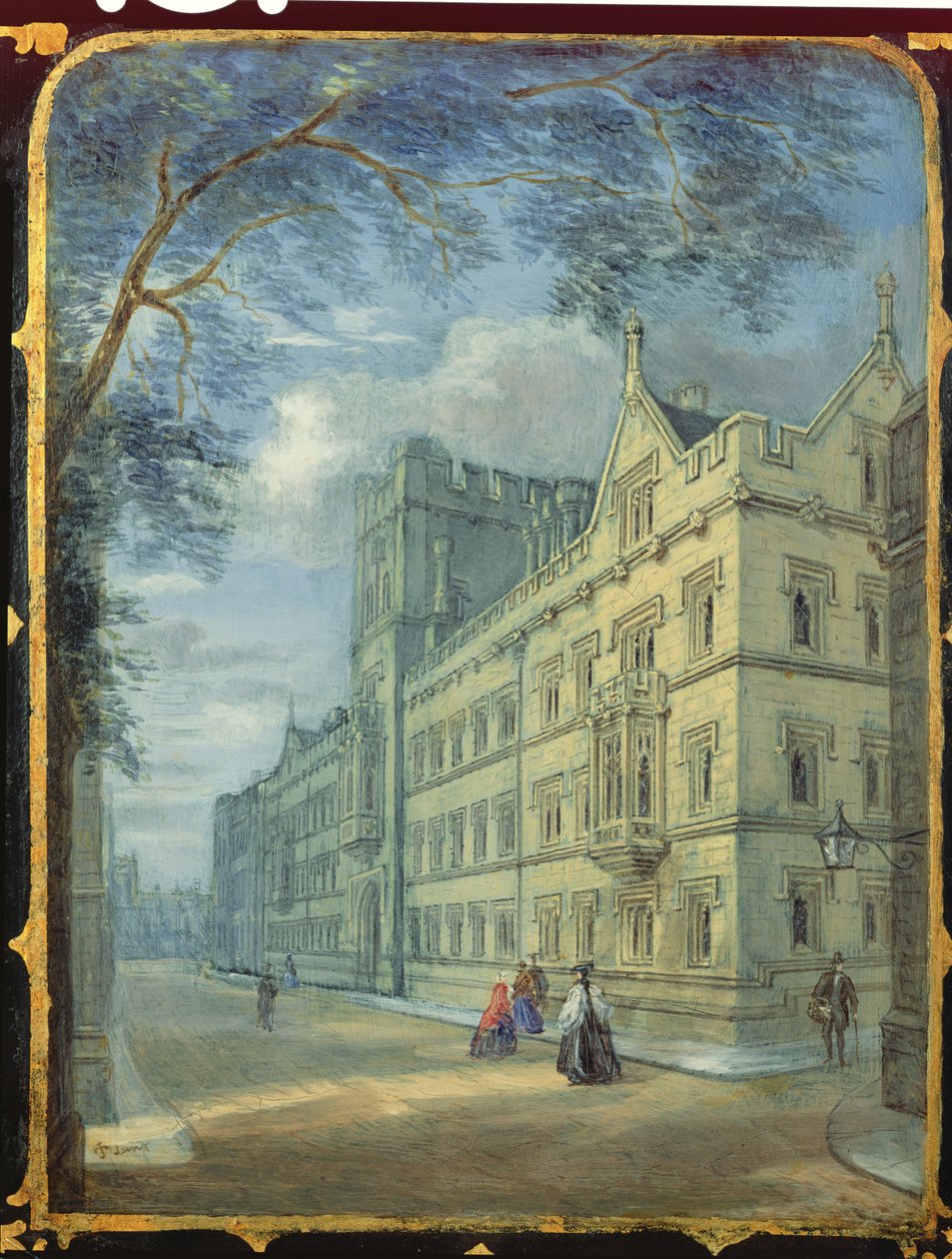Wiktoriański panel szafki do szycia ozdobiony sceną Exeter College w Oksfordzie (papier mache) autorstwa English School