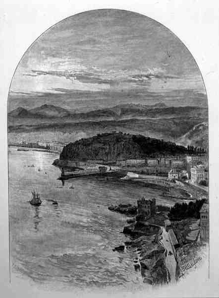 Widok z drogi do Fort Montalban, Nicea, Francja, z „Malowniczego Morza Śródziemnego”, tom 3, wydanego przez Cassell and Co. Ltd. autorstwa English School