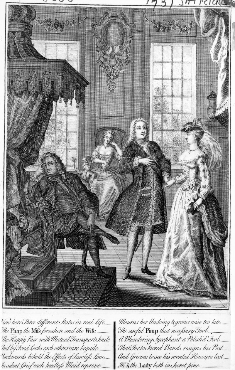 Zobacz tutaj Trzy różne stany w prawdziwym życiu - Pimp the Miss Forsaken and the Wife, 1735-6 autorstwa English School