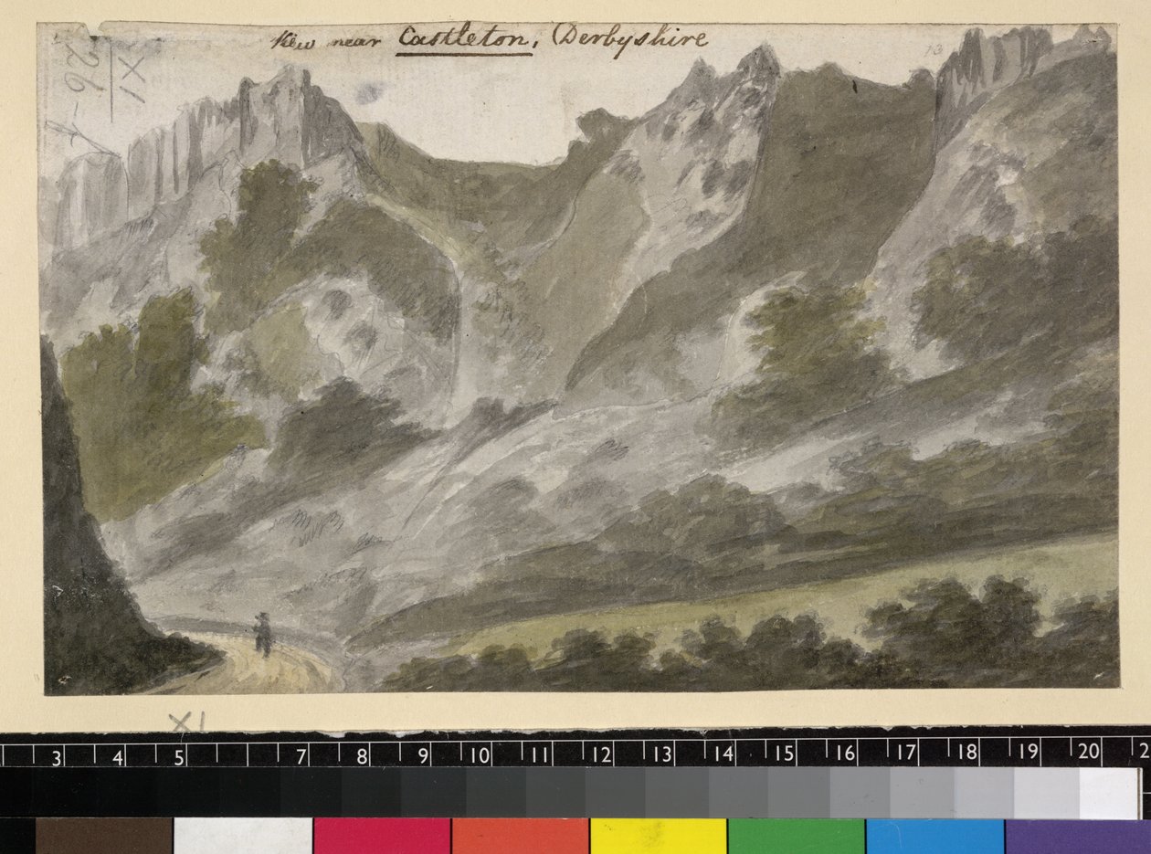 Widok w pobliżu Castleton, Derbyshire, ok. 1790 (akwarela na ołówku na papierze) autorstwa English School