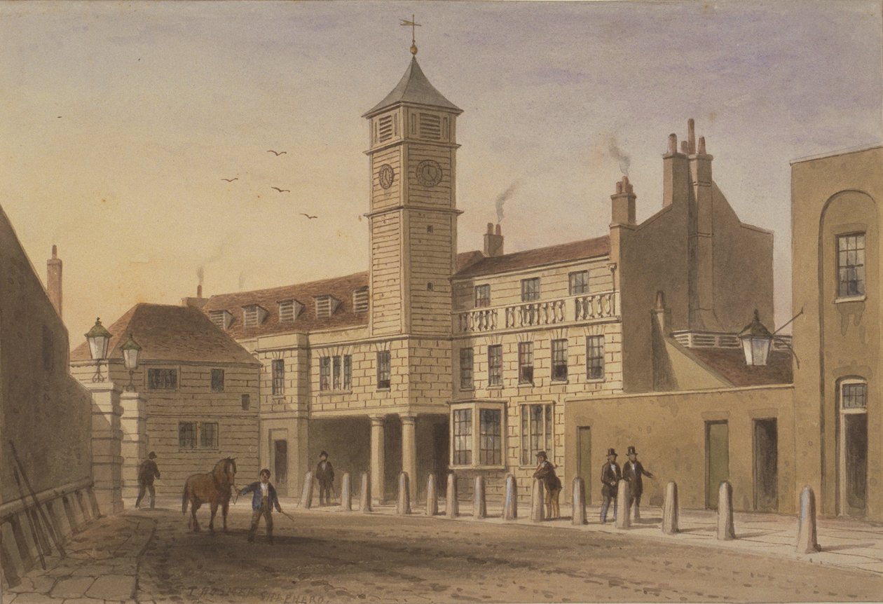 Widok Bridge House w Bridge Yard, Tooley Street, 1846 (wc na papierze) autorstwa English School