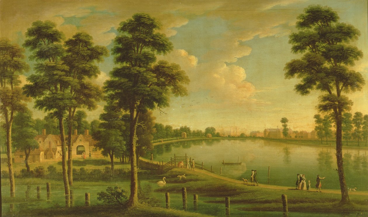 Widok na zbiornik Chelsea i wodociągi, z opactwem Westminster w oddali, ok. 1725 autorstwa English School