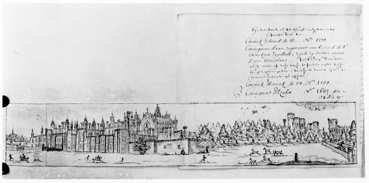 Widok pałacu Hampton Court (pióro i atrament) autorstwa English School