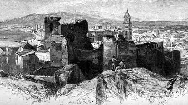Widok na Malagę z Alcazar, Hiszpania, z "The Picturesque Mediterranean", Tom 3, opublikowane przez Cassell and Co. Ltd. autorstwa English School