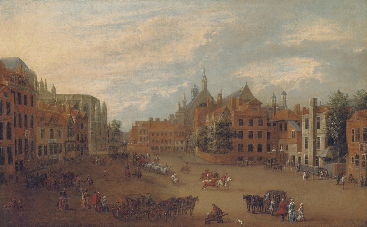 Widok na Old Palace Yard, Westminster, ze wschodnim krańcem Opactwa Westminsterskiego i kaplicą króla Henryka VII po lewej stronie, ok. 1700 autorstwa English School